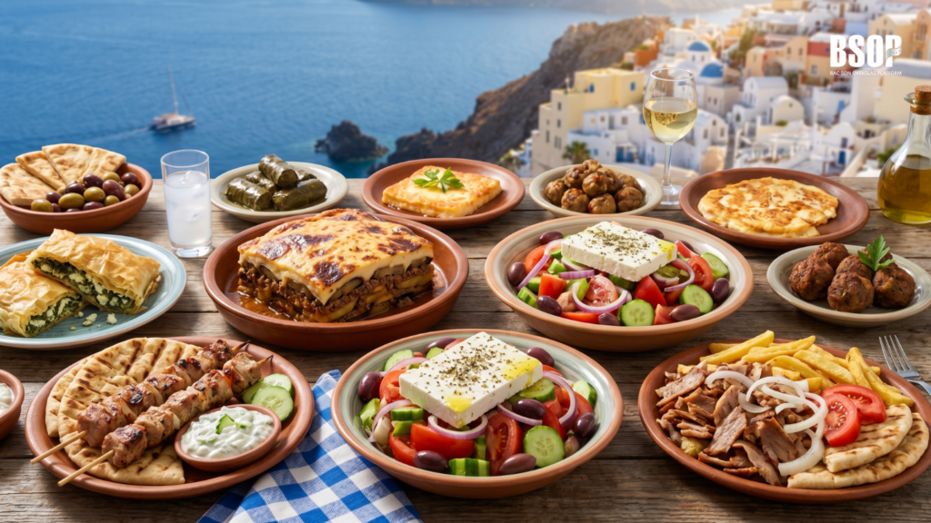 Các món ăn truyền thống Hy Lạp bao gồm moussaka, souvlaki và salad Hy Lạp