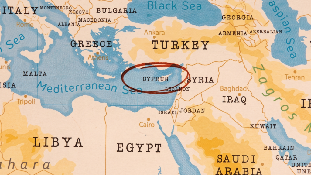 Bản đồ Cyprus (Síp) thể hiện vị trí địa lý của quốc đảo này trong khu vực Địa Trung Hải